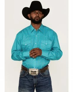 Roper Men's Amarillo Saddle Foulard Geo Print Long Sleeve Snap Western Shirt  Turquoise -Roper Shop 2000370621 440 P1 1