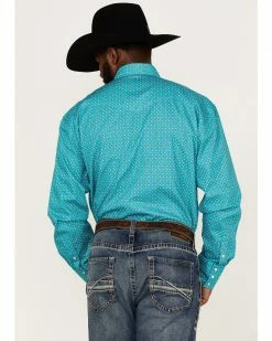Roper Men's Amarillo Saddle Foulard Geo Print Long Sleeve Snap Western Shirt  Turquoise -Roper Shop 2000370621 440 P4