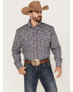 Roper Men's Liberty Bell Paisley Print Long Sleeve Snap Western Shirt Burgundy