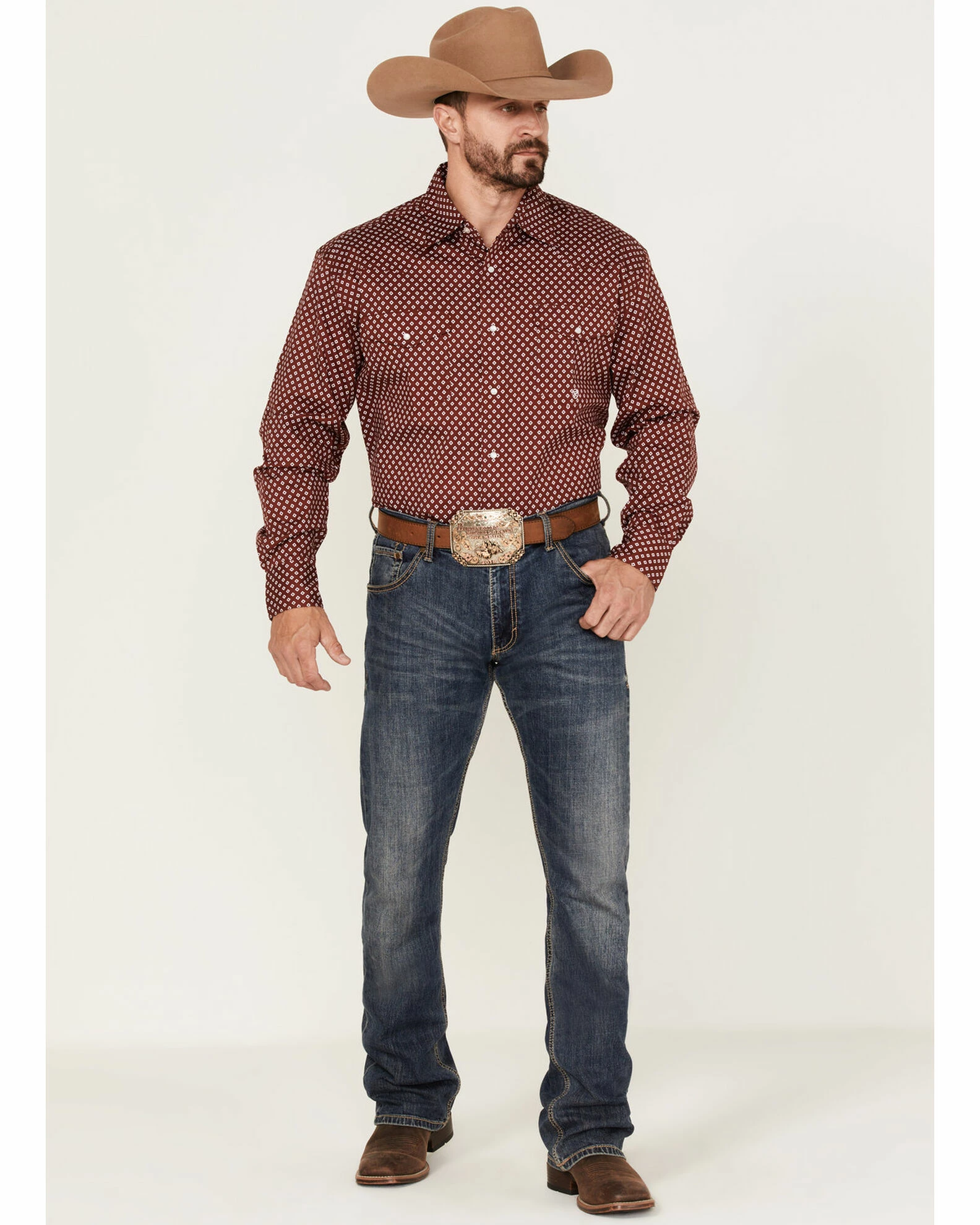Roper Men's Liberty Bell Diamond Geo Print Long Sleeve Snap Western Shirt Burgundy 4 Roper Men's Liberty Bell Diamond Geo Print Long Sleeve Snap Western Shirt Burgundy - Image 2