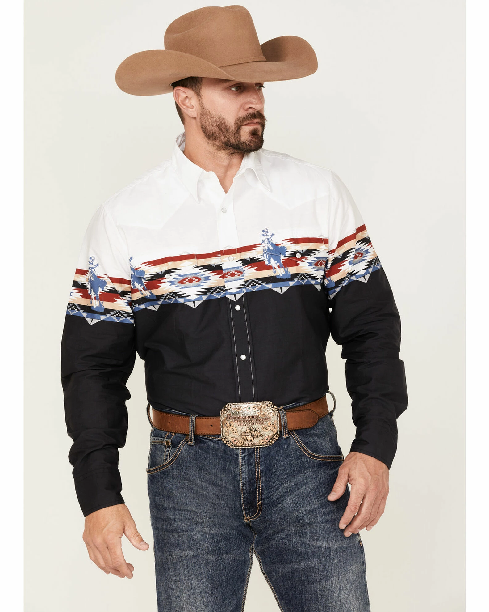 Roper Men's Running Horse Southwestern Border Print Long Sleeve Snap Western Shirt 3 Roper Men's Running Horse Southwestern Border Print Long Sleeve Snap Western Shirt