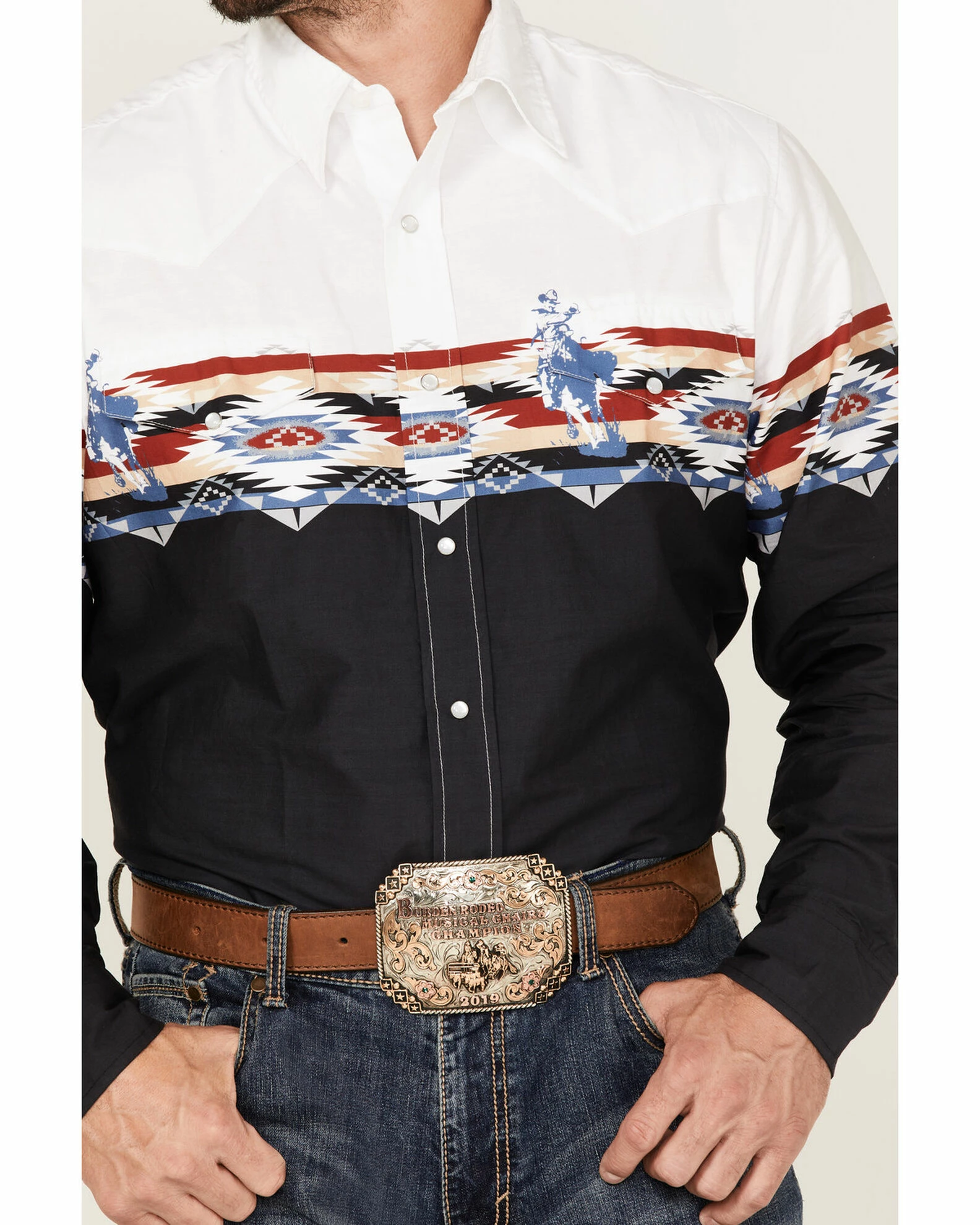 Roper Men's Running Horse Southwestern Border Print Long Sleeve Snap Western Shirt 5 Roper Men's Running Horse Southwestern Border Print Long Sleeve Snap Western Shirt - Image 3