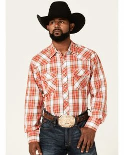 Roper Men's Large Plaid Long Sleeve Snap Western Shirt Orange
