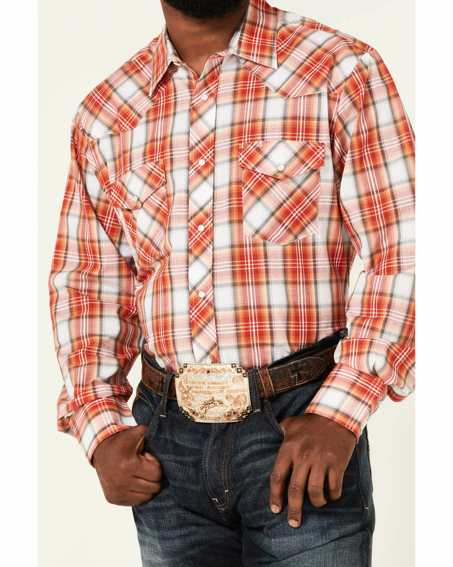 Roper Men's Large Plaid Long Sleeve Snap Western Shirt Orange 5 Roper Men's Large Plaid Long Sleeve Snap Western Shirt Orange - Image 3