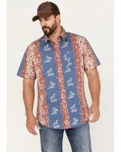 Roper Tin Haul Men's Paniolo Tropical Horse Print Short Sleeve Western Shirt  Blue -Roper Shop 2000370649 400 P1 1