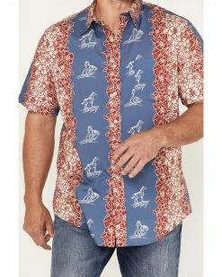 Roper Tin Haul Men's Paniolo Tropical Horse Print Short Sleeve Western Shirt  Blue -Roper Shop 2000370649 400 P3