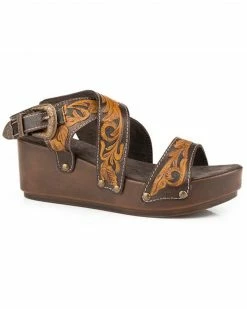 Roper Women's Diva Tooled Cross Strap Wedge Buckle Sandals