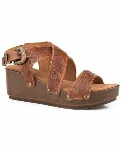 Roper Women's Diva Tooled Cross Strap Wedge Buckle Sandals