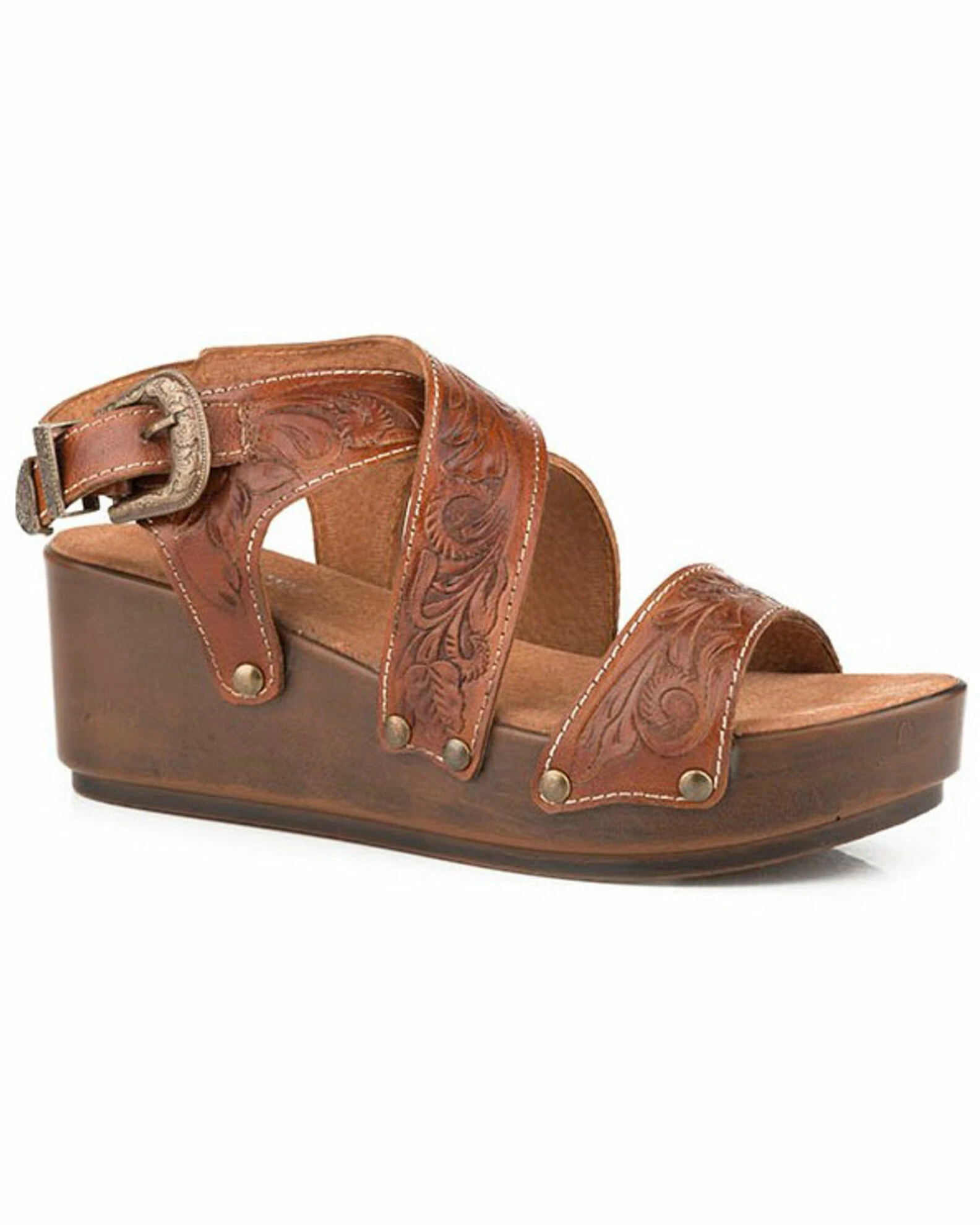 Roper Women's Diva Tooled Cross Strap Wedge Buckle Sandals 3 Roper Women's Diva Tooled Cross Strap Wedge Buckle Sandals