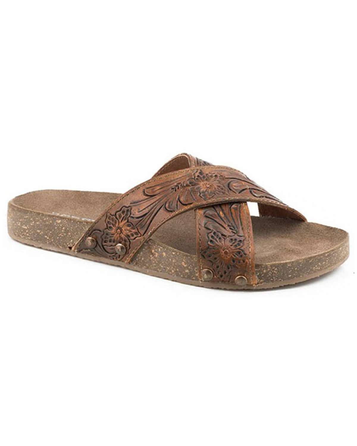Roper Women's Delaney Tooled Cross Band Sandal Tan 4 Roper Women's Delaney Tooled Cross Band Sandal Tan - Image 2