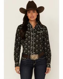Roper Women's Floral Print Long Sleeve Snap Western Shirt Black