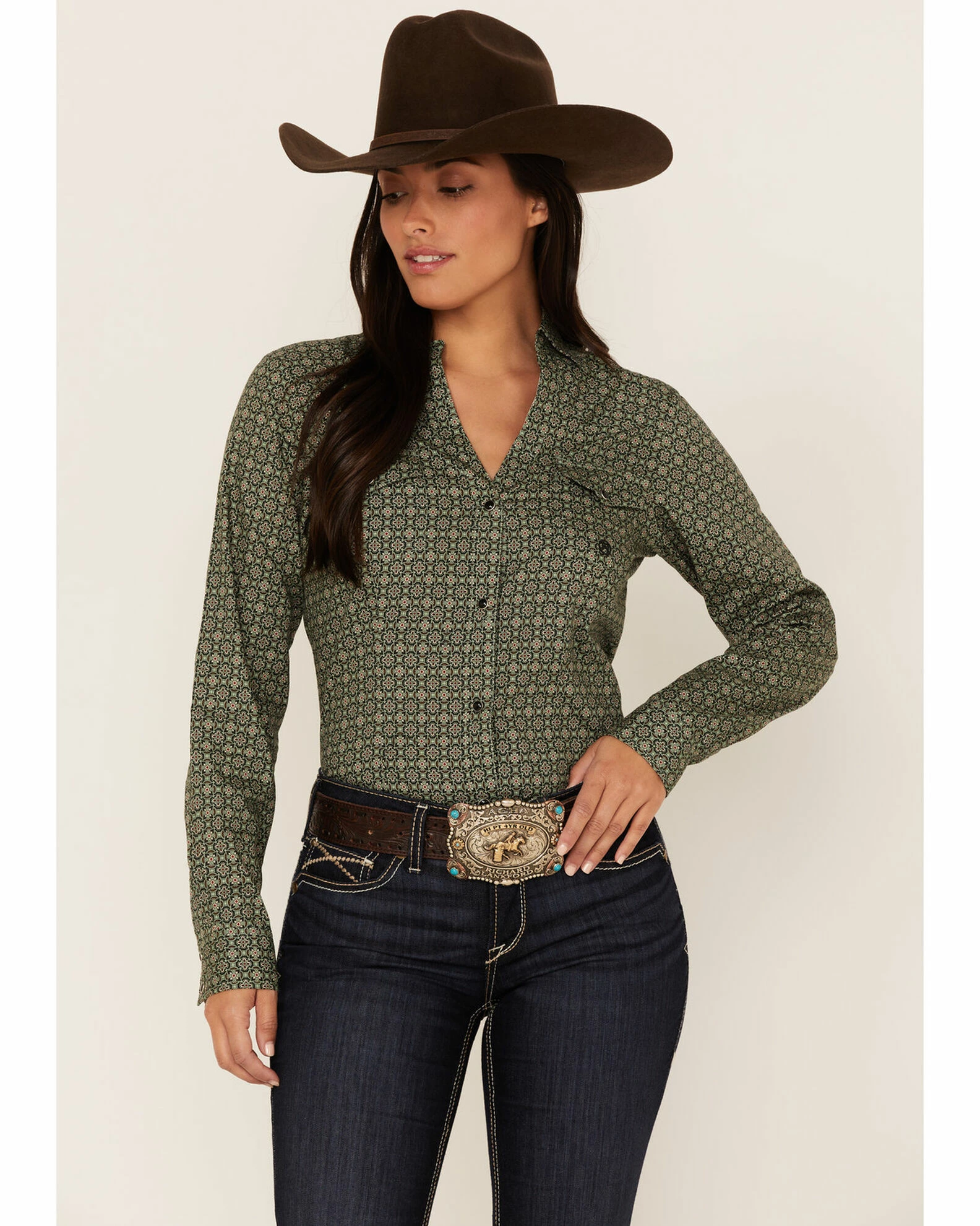 Roper Women's Medallion Print Long Sleeve Snap Western Shirt Green 3 Roper Women's Medallion Print Long Sleeve Snap Western Shirt Green