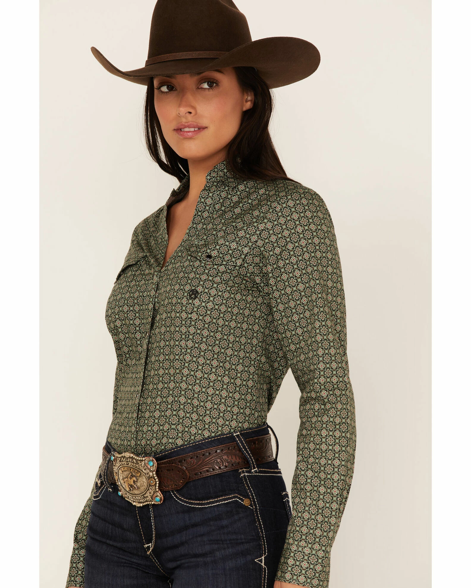 Roper Women's Medallion Print Long Sleeve Snap Western Shirt Green 4 Roper Women's Medallion Print Long Sleeve Snap Western Shirt Green - Image 2