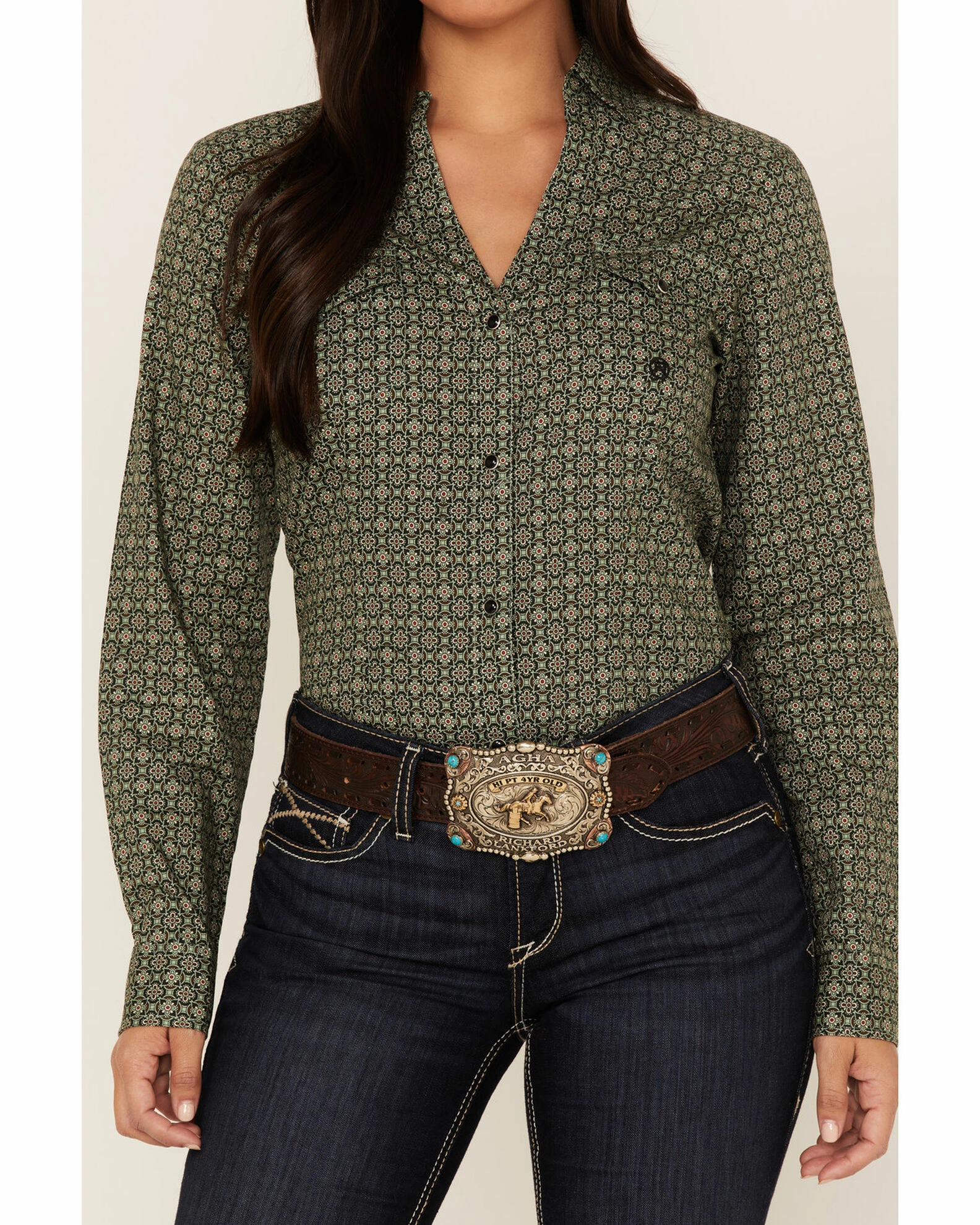 Roper Women's Medallion Print Long Sleeve Snap Western Shirt Green 5 Roper Women's Medallion Print Long Sleeve Snap Western Shirt Green - Image 3