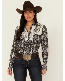 Roper Women's Southwestern Diamond Print Long Sleeve Snap Western Shirt Black -Roper Shop 2000378231 001 P1 1