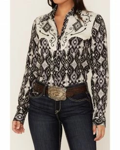 Roper Women's Southwestern Diamond Print Long Sleeve Snap Western Shirt Black -Roper Shop 2000378231 001 P3