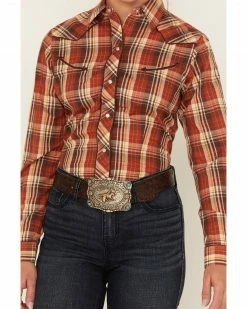 Roper Women's Plaid Print Long Sleeve Snap Western Shirt Rust Copper -Roper Shop 2000378237 220 P3