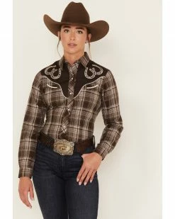Roper Women's Plaid Print Long Sleeve Snap Western Shirt Brown