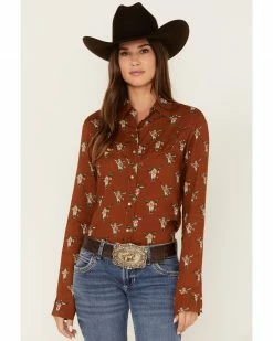 Roper Women's Steer Head Skull Print Long Sleeve Snap Western Shirt Brown