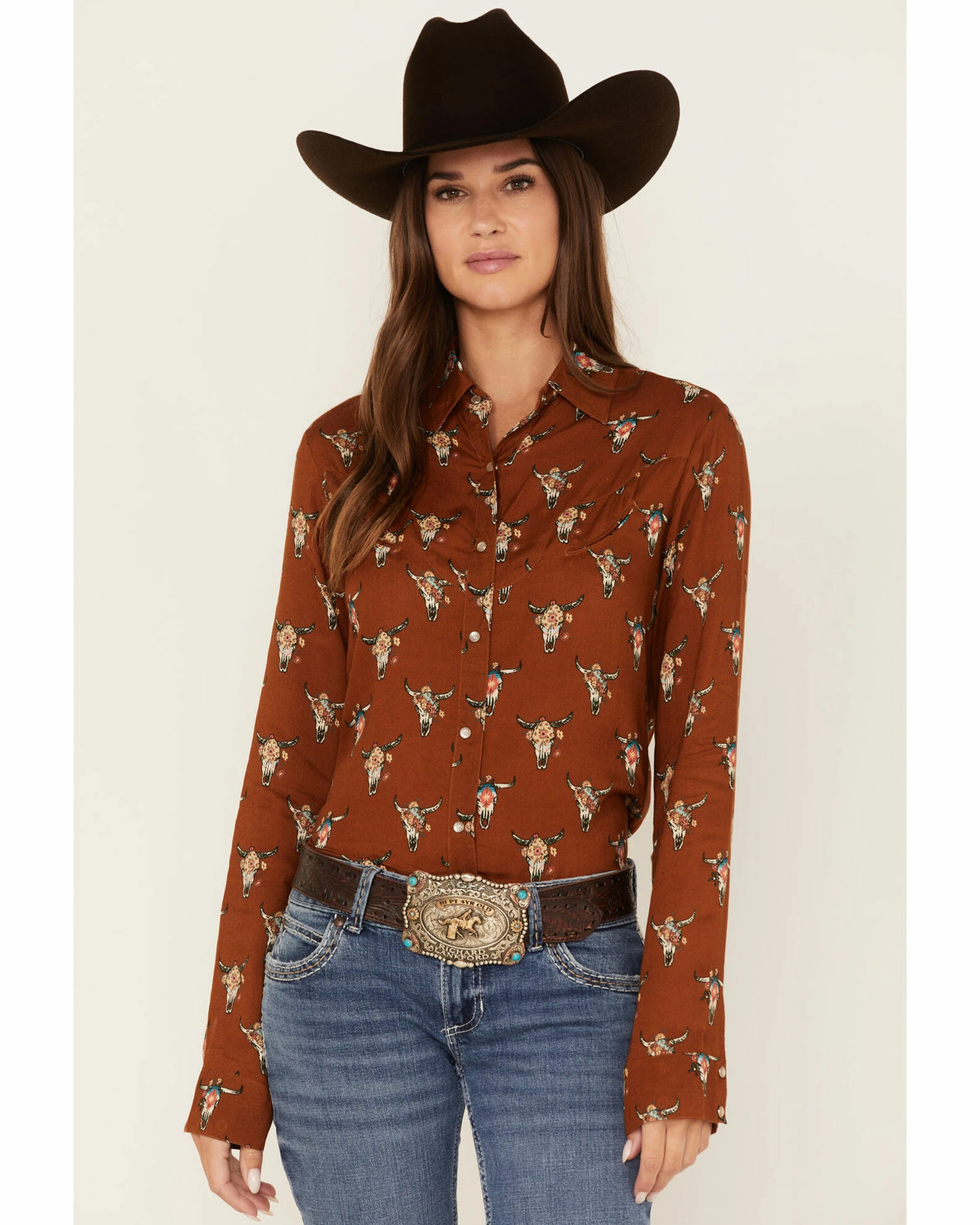 Roper Women's Steer Head Skull Print Long Sleeve Snap Western Shirt Brown 3 Roper Women's Steer Head Skull Print Long Sleeve Snap Western Shirt Brown