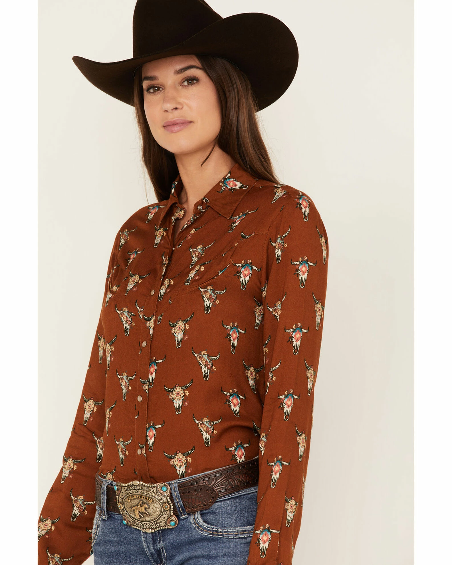 Roper Women's Steer Head Skull Print Long Sleeve Snap Western Shirt Brown 4 Roper Women's Steer Head Skull Print Long Sleeve Snap Western Shirt Brown - Image 2