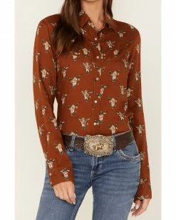 Roper Women's Steer Head Skull Print Long Sleeve Snap Western Shirt Brown 9 Roper Women's Steer Head Skull Print Long Sleeve Snap Western Shirt Brown -Roper Shop 2000378239 200 P3