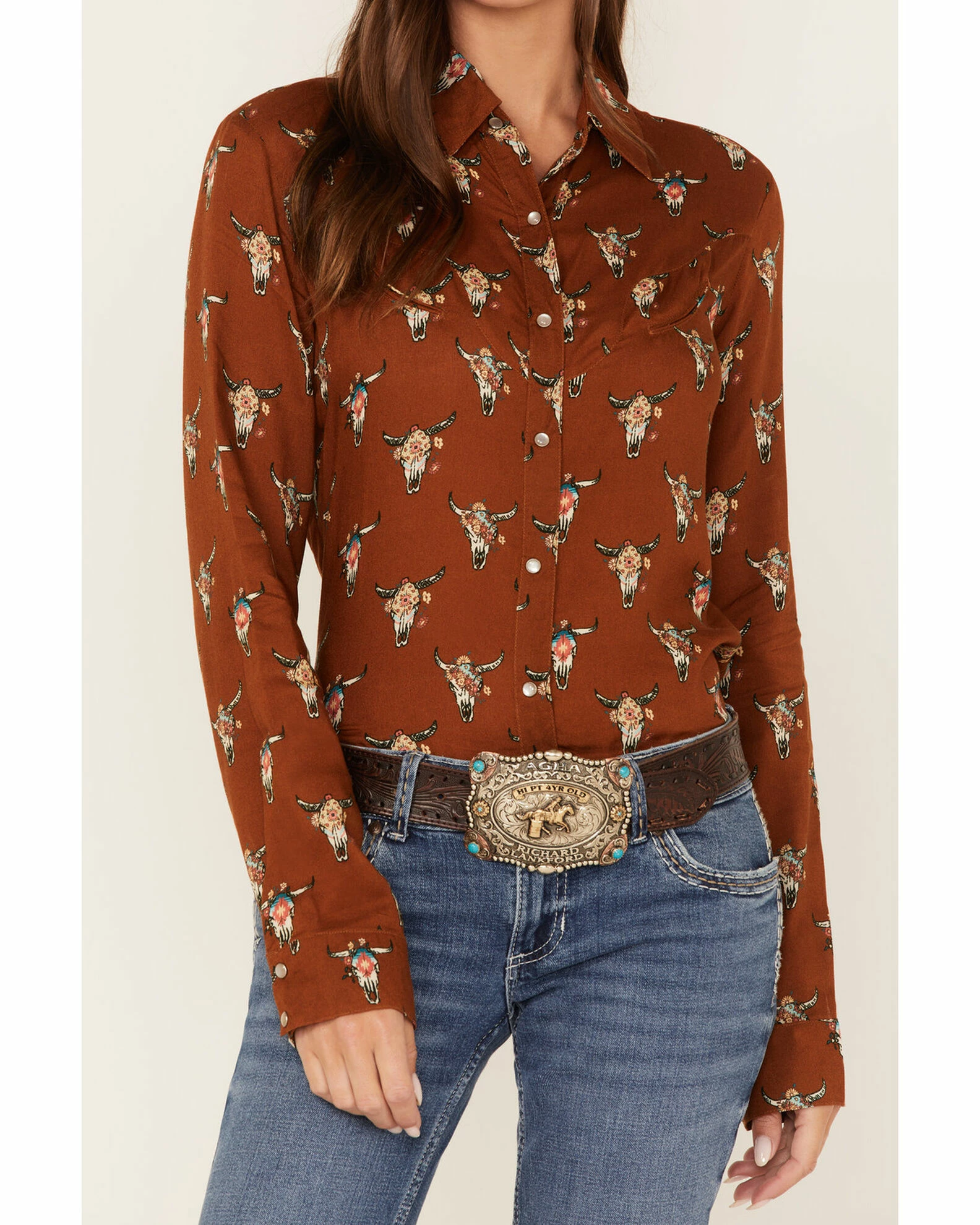 Roper Women's Steer Head Skull Print Long Sleeve Snap Western Shirt Brown 5 Roper Women's Steer Head Skull Print Long Sleeve Snap Western Shirt Brown - Image 3
