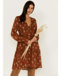 Roper Women's Cowskull Print Long Sleeve Tier Dress Brown