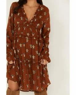 Roper Women's Cowskull Print Long Sleeve Tier Dress Brown -Roper Shop 2000378240 200 P3