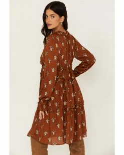 Roper Women's Cowskull Print Long Sleeve Tier Dress Brown -Roper Shop 2000378240 200 P4