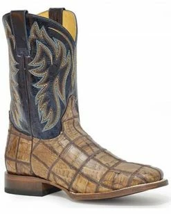 Roper Men's Caiman Check Patchwork Exotic Western Boots - Wide Square Toe Tan