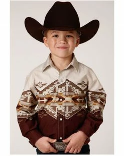 Roper Boys' Southwestern Border Print Long Sleeve Snap Western Shirt White