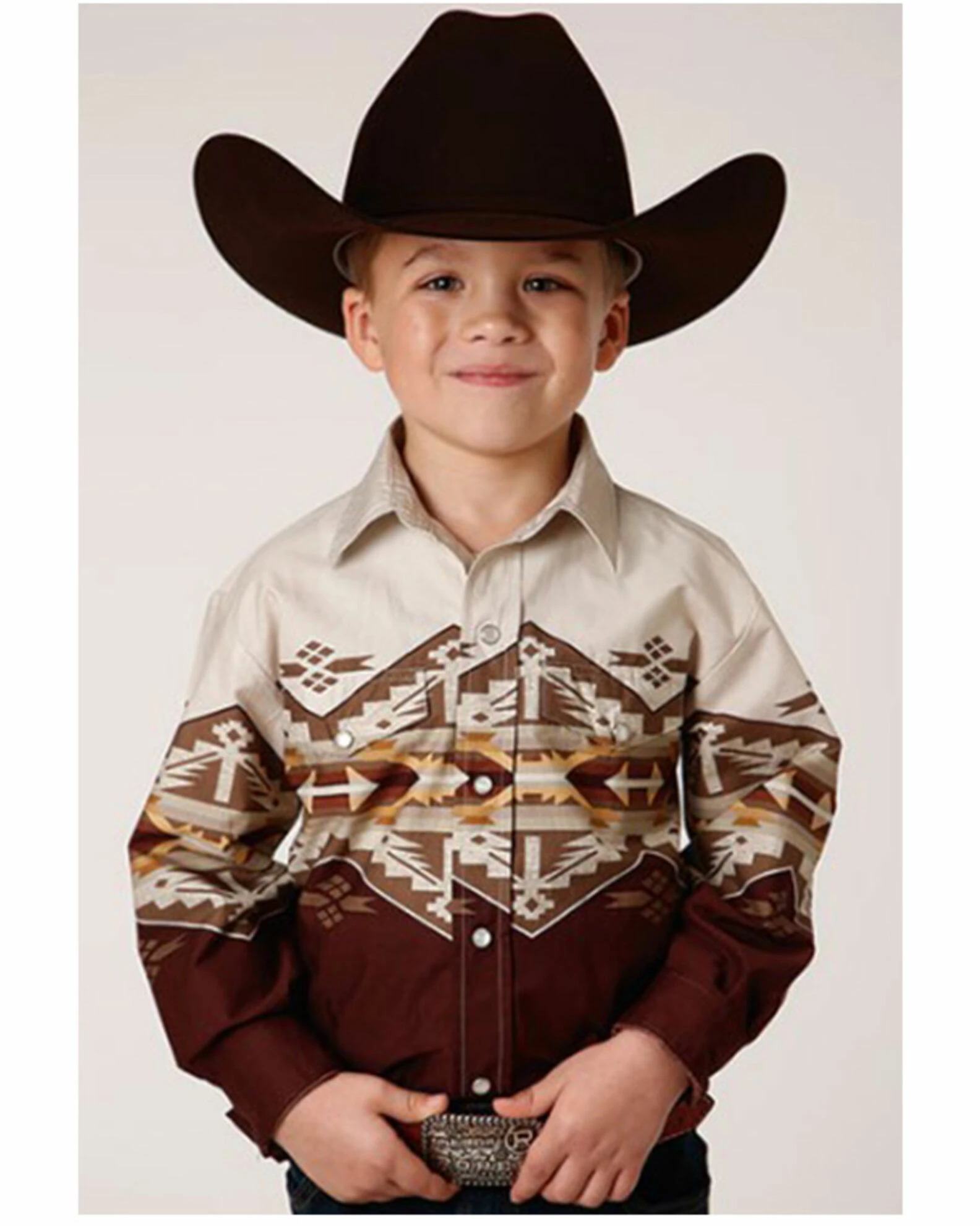 Roper Boys' Southwestern Border Print Long Sleeve Snap Western Shirt White 3 Roper Boys' Southwestern Border Print Long Sleeve Snap Western Shirt White