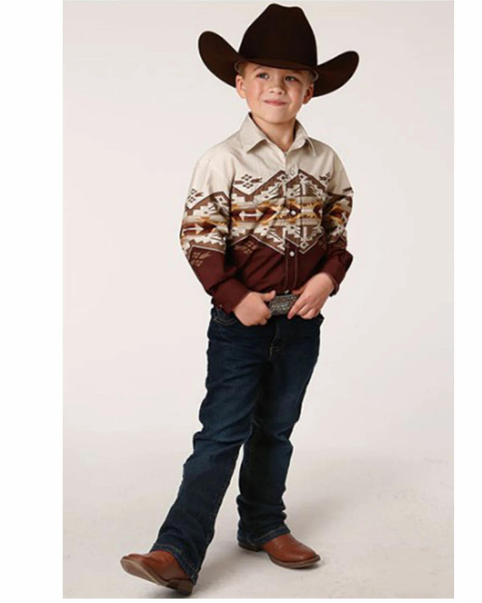 Roper Boys' Southwestern Border Print Long Sleeve Snap Western Shirt White 5 Roper Boys' Southwestern Border Print Long Sleeve Snap Western Shirt White - Image 3