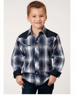 Roper Boys' Plaid Print Long Sleeve Snap Retro Western Shirt Blue 9 Roper Boys' Plaid Print Long Sleeve Snap Retro Western Shirt Blue -Roper Shop 2000379158 400 P1 1