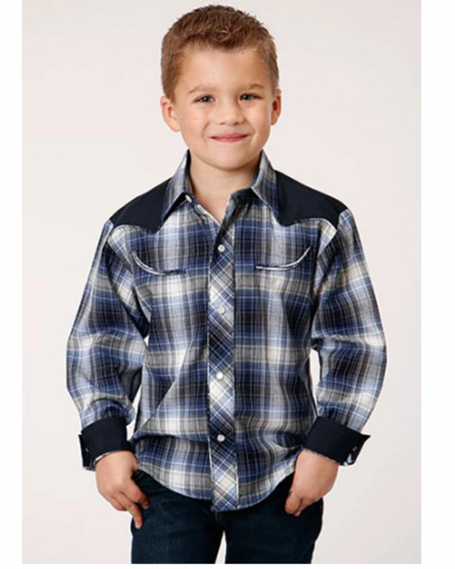 Roper Boys' Plaid Print Long Sleeve Snap Retro Western Shirt Blue 3 Roper Boys' Plaid Print Long Sleeve Snap Retro Western Shirt Blue