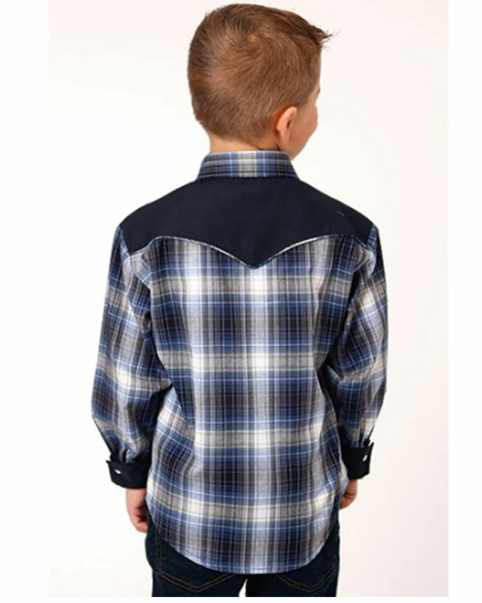 Roper Boys' Plaid Print Long Sleeve Snap Retro Western Shirt Blue 4 Roper Boys' Plaid Print Long Sleeve Snap Retro Western Shirt Blue - Image 2