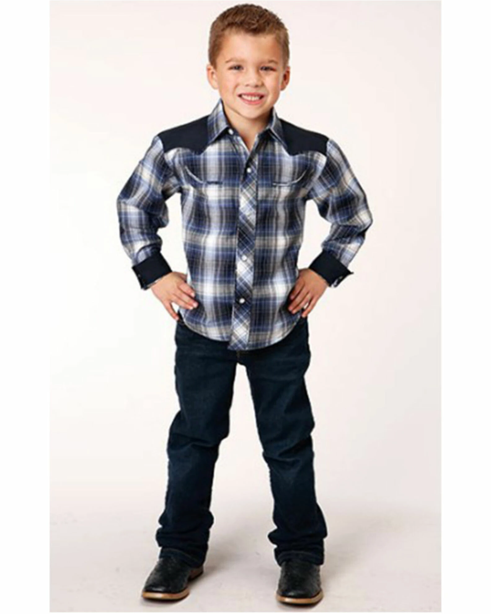 Roper Boys' Plaid Print Long Sleeve Snap Retro Western Shirt Blue 5 Roper Boys' Plaid Print Long Sleeve Snap Retro Western Shirt Blue - Image 3