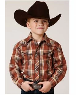 Roper Boys' Plaid Print Cowboy Embroidery Long Sleeve Snap Western Shirt Rust Copper