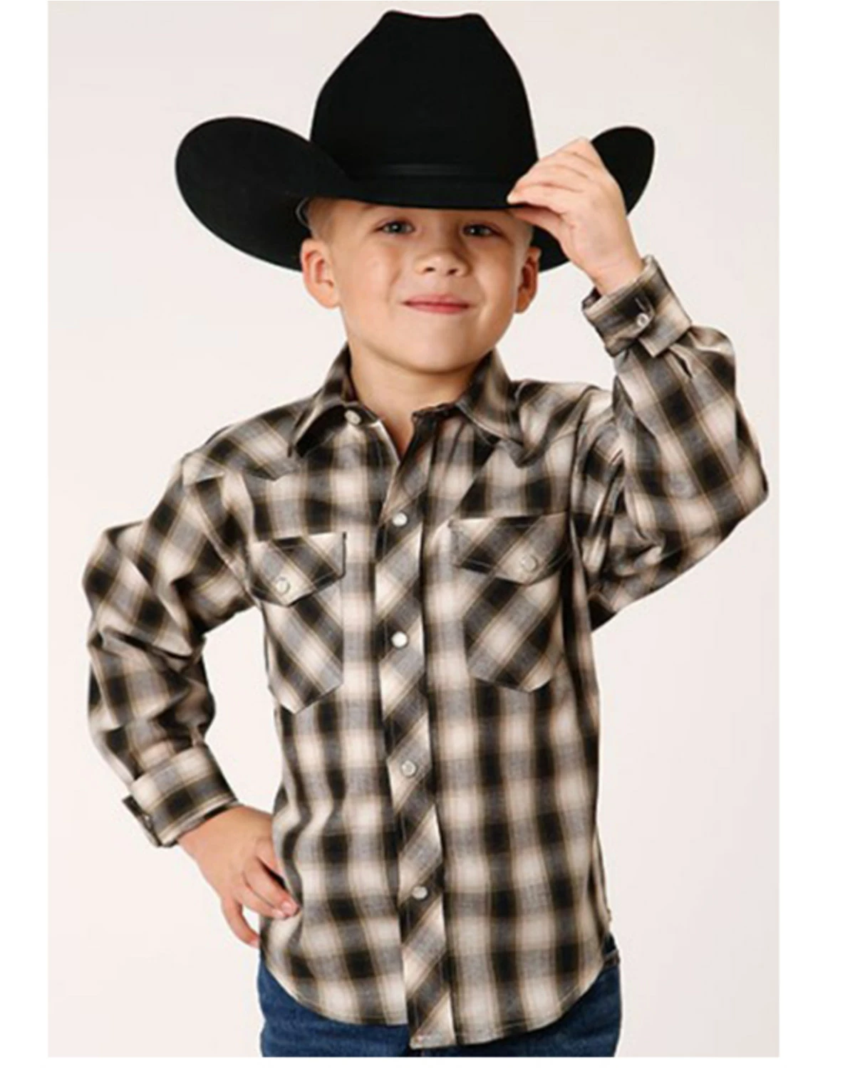 Roper Boys' Plaid Print Long Sleeve Snap Western Shirt Black 6 Roper Boys' Plaid Print Long Sleeve Snap Western Shirt Black - Image 4
