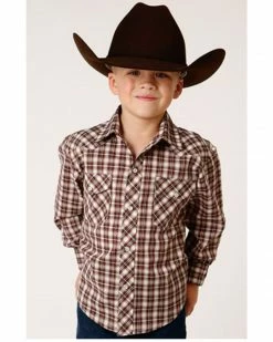 Roper Boys' Plaid Print Cowboy Embroidery Long Sleeve Snap Western Shirt Burgundy -Roper Shop 2000379161 640 P1 1