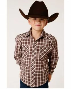 Roper Boys' Plaid Print Cowboy Embroidery Long Sleeve Snap Western Shirt Burgundy