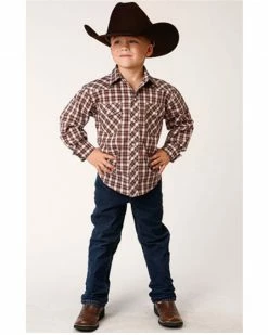 Roper Boys' Plaid Print Cowboy Embroidery Long Sleeve Snap Western Shirt Burgundy -Roper Shop 2000379161 640 P3