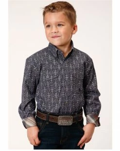 Roper Boys' Amarillo Ornate Geo Print Long Sleeve Snap Western Shirt Grey -Roper Shop 2000379162 020 P1 1