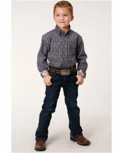 Roper Boys' Amarillo Ornate Geo Print Long Sleeve Snap Western Shirt Grey -Roper Shop 2000379162 020 P3