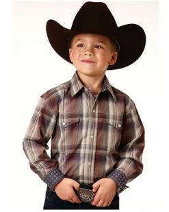 Roper Boys' Amarillo Plaid Print Long Sleeve Snap Western Shirt Grey