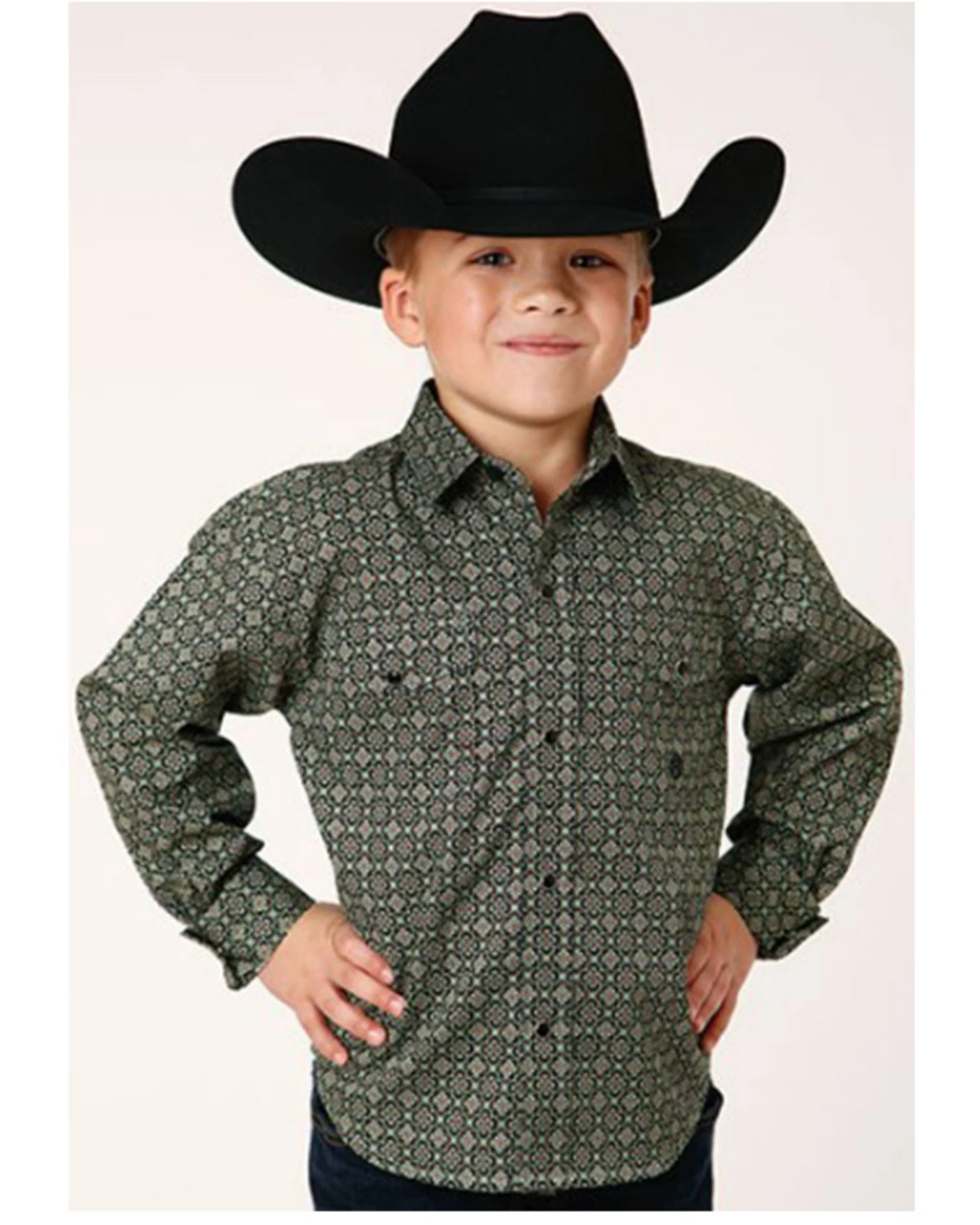 Roper Boys' Amarillo Ornate Geo Print Long Sleeve Snap Western Shirt Green 6 Roper Boys' Amarillo Ornate Geo Print Long Sleeve Snap Western Shirt Green - Image 4
