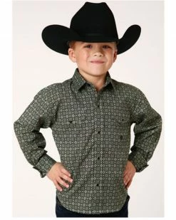 Roper Boys' Amarillo Ornate Geo Print Long Sleeve Snap Western Shirt Green