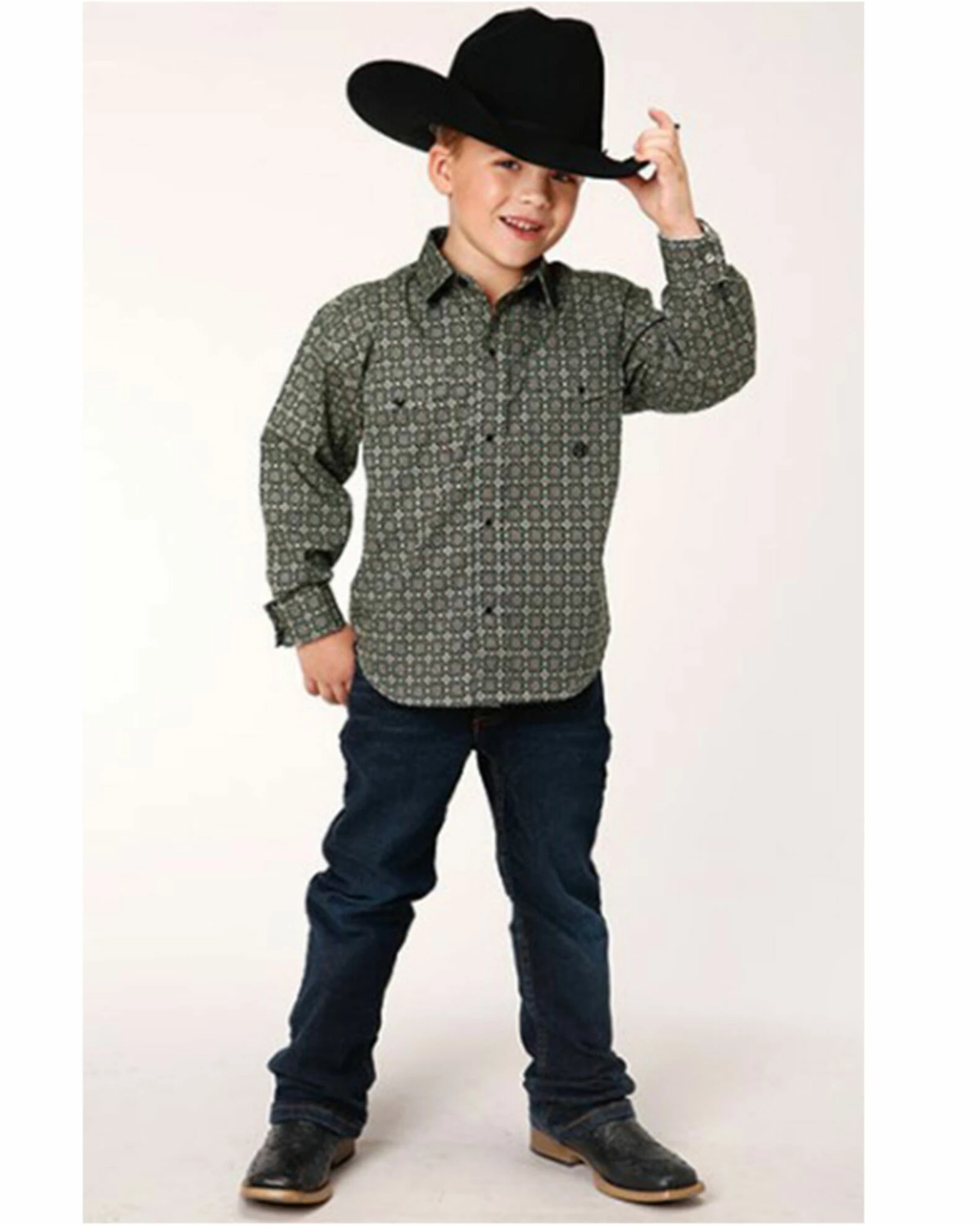 Roper Boys' Amarillo Ornate Geo Print Long Sleeve Snap Western Shirt Green 5 Roper Boys' Amarillo Ornate Geo Print Long Sleeve Snap Western Shirt Green - Image 3