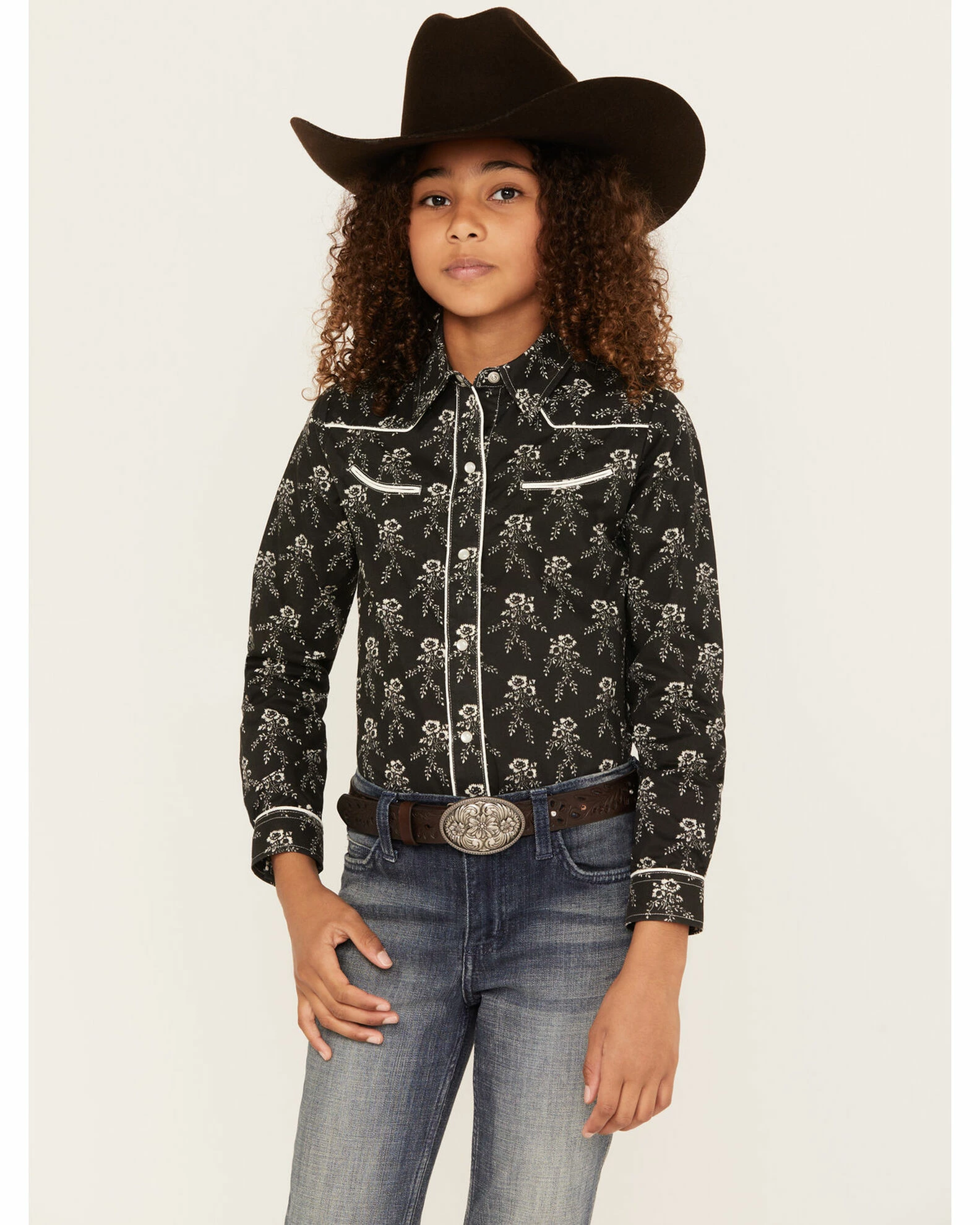 Roper Girls' Black & Cream Floral Print Long Sleeve Snap Shirt 3 Roper Girls' Black & Cream Floral Print Long Sleeve Snap Shirt